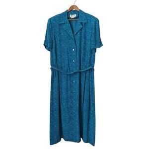 Vtg Silk Shirt Dress Womens 14 Midi Blue Green Belt Encore Office 1980 1990 NWT
